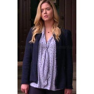 Rebecca Taylor Women's Size 10 Navy Blue Knit Fringe Zip Pockets Tweed Jacket